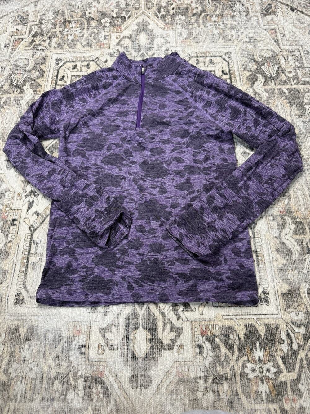 Athleta Pulllover Womens Medium Purple Striped 1/4 Zip Mock Neck Long Sleeve Top - Picture 1 of 4